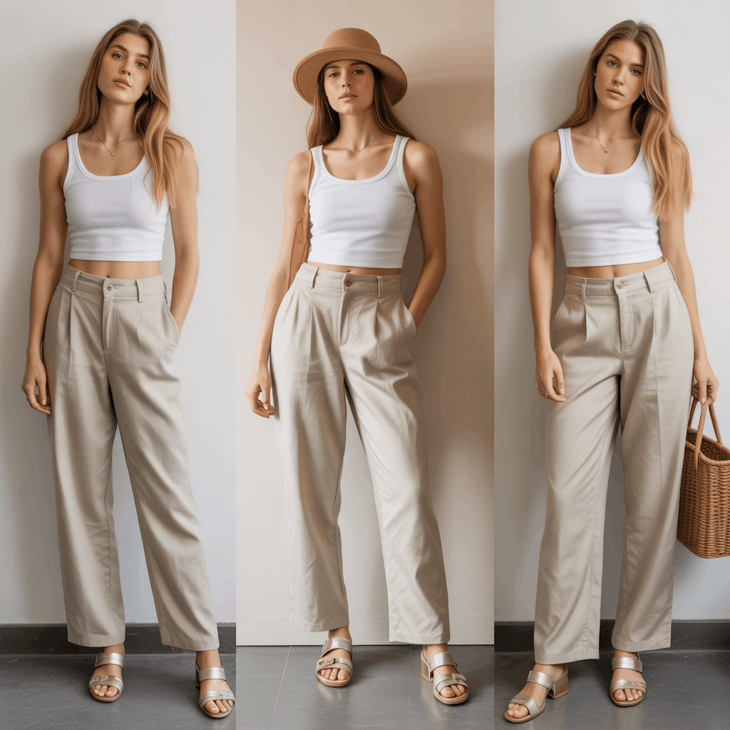 32 Elegant Beige Outfits for Women With a Classic, Old-Money-Inspired Feel 6 Woman in beige linen pants, a tank top, and sandals styled in elegant beige clothing for a warm-weather look.