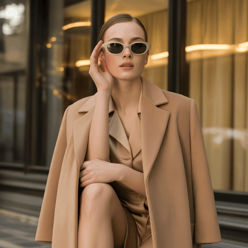 32 Elegant Beige Outfits for Women With a Classic, Old-Money-Inspired Feel 96 Woman in a beige long coat and retro sunglasses styled with a classic Hollywood-inspired look.