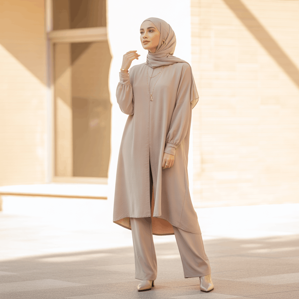 32 Elegant Beige Outfits for Women With a Classic, Old-Money-Inspired Feel 28 Woman in a beige long tunic and straight pants styled as a clean minimalist beige outfit for daily wear.