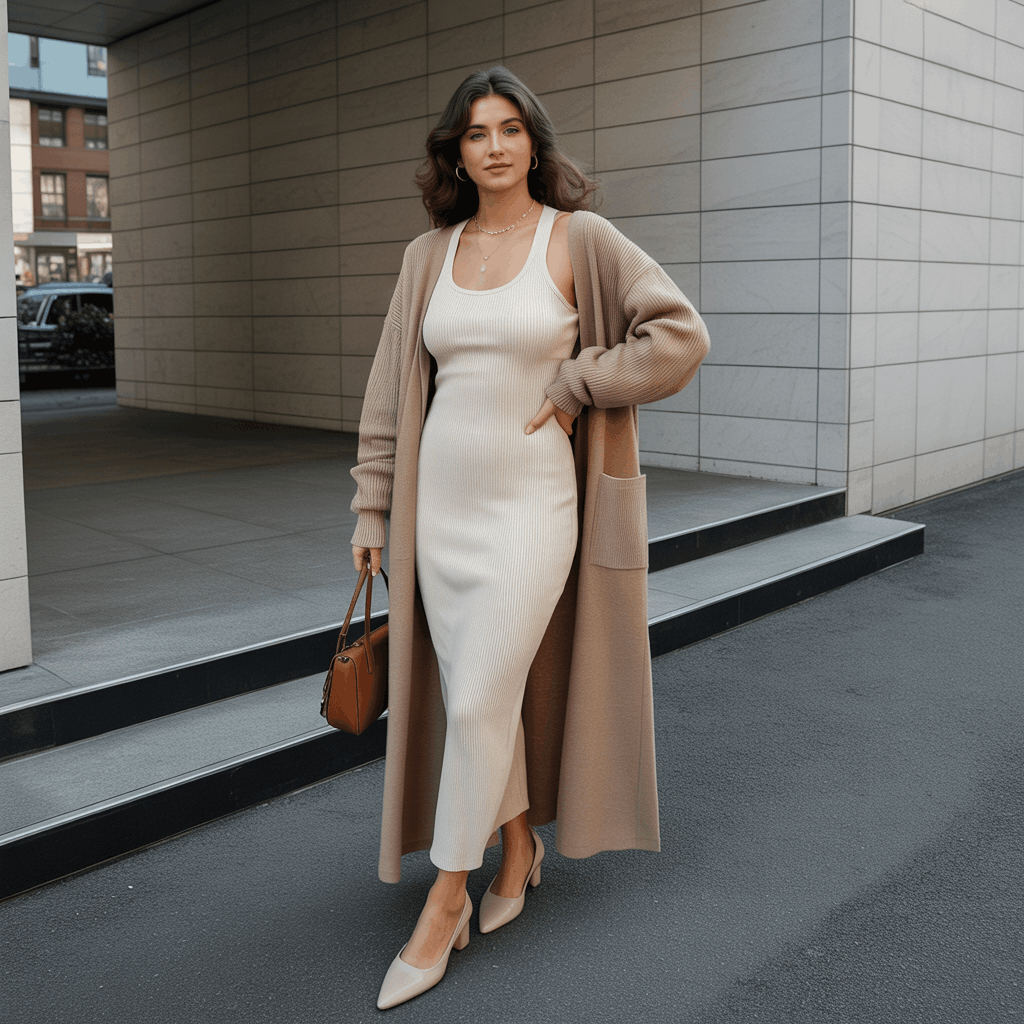 32 Elegant Beige Outfits for Women With a Classic, Old-Money-Inspired Feel 21 Woman in a beige longline cardigan over a fitted dress styled with a graceful old money aesthetic women look.