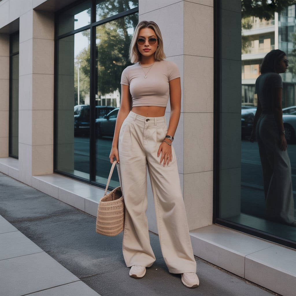 32 Elegant Beige Outfits for Women With a Classic, Old-Money-Inspired Feel 53 Woman in beige low-rise pants and a baby tee styled as a trendy Y2K beige outfit.