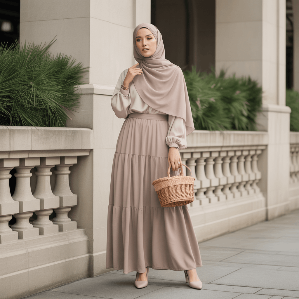 32 Elegant Beige Outfits for Women With a Classic, Old-Money-Inspired Feel 26 Woman in a beige maxi skirt, loose blouse, and neutral hijab styled as an elegant modest beige outfit.