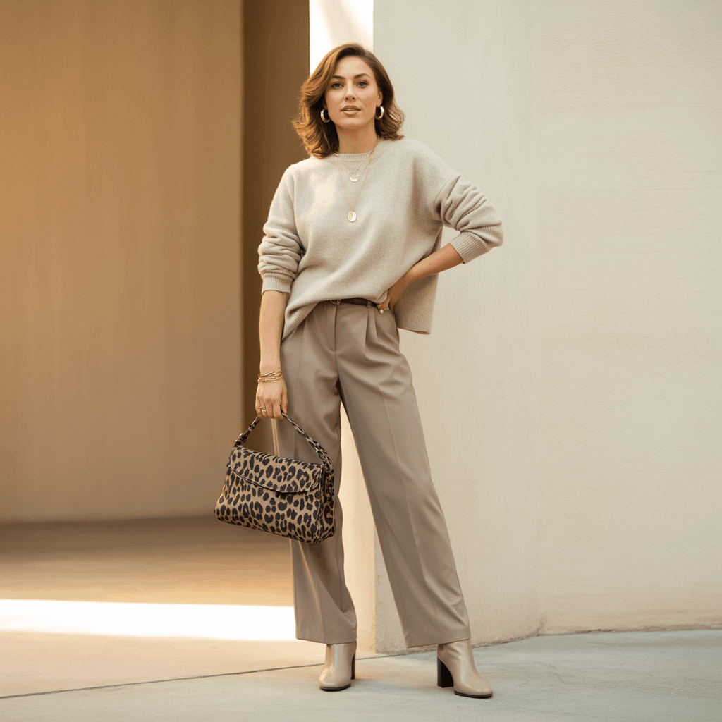 32 Elegant Beige Outfits for Women With a Classic, Old-Money-Inspired Feel 92 Woman in a beige outfit with an animal print bag styled as a bold statement beige look.