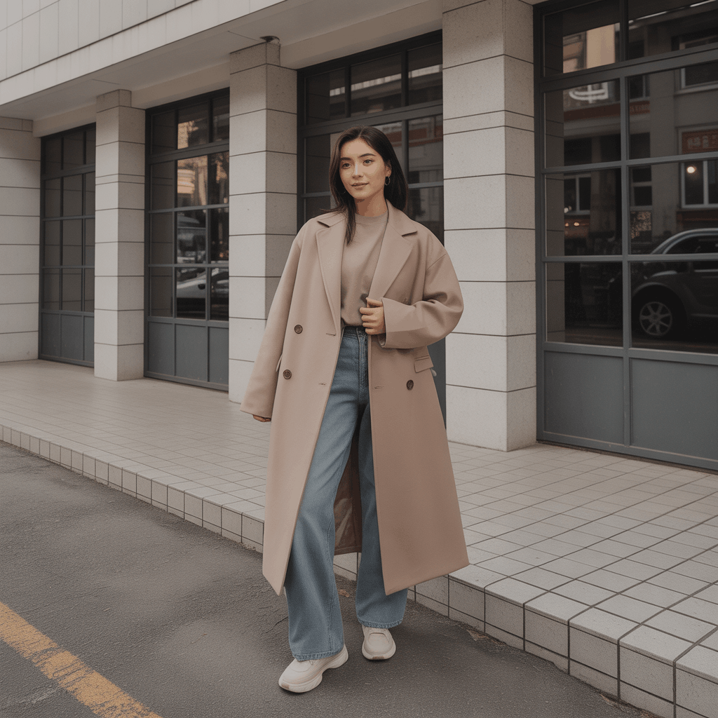 32 Elegant Beige Outfits for Women With a Classic, Old-Money-Inspired Feel 49 Woman in a beige oversized coat and straight jeans styled in a relaxed Korean winter outfit.