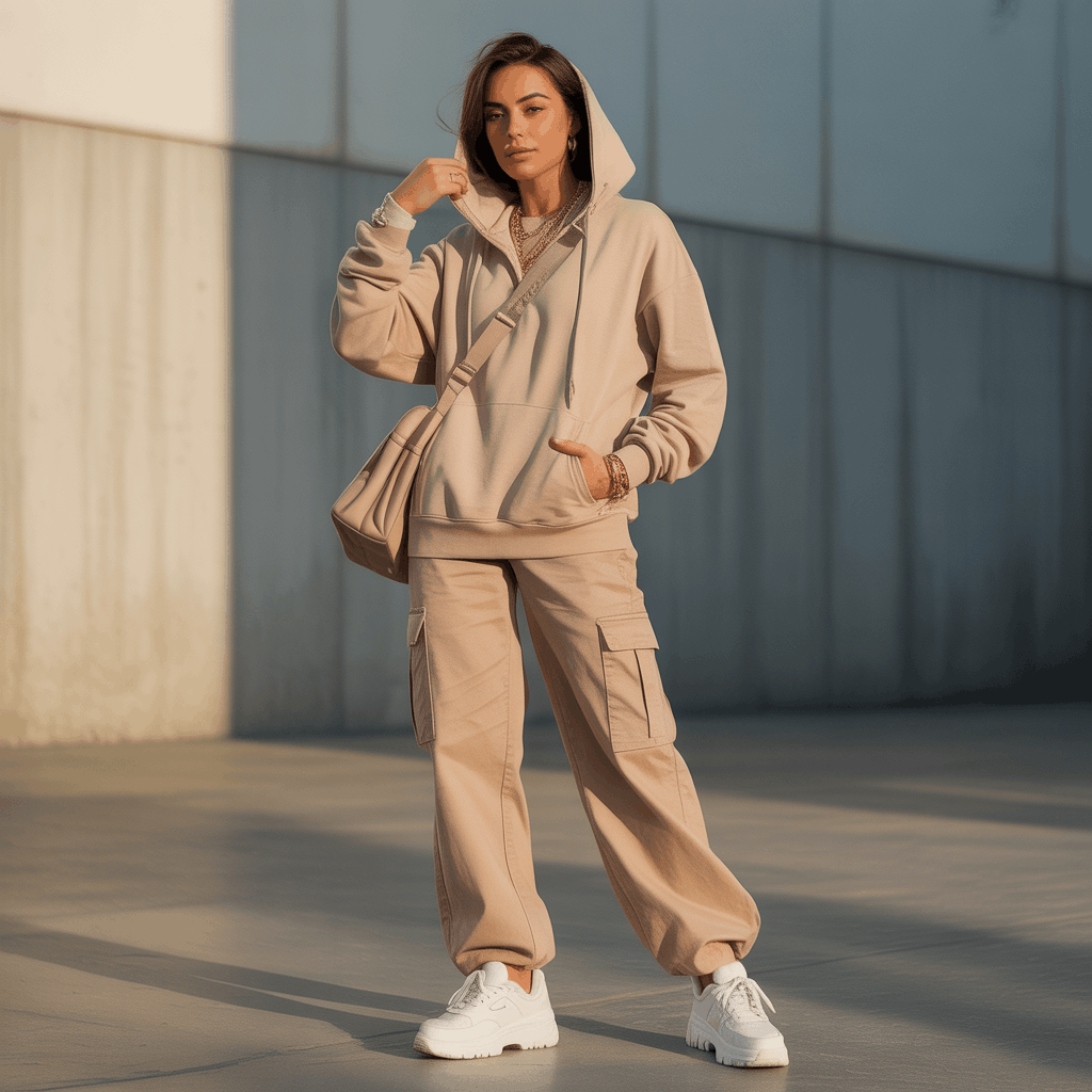 32 Elegant Beige Outfits for Women With a Classic, Old-Money-Inspired Feel 65 Woman in a beige oversized hoodie and cargo pants styled as a relaxed streetwear beige outfit.