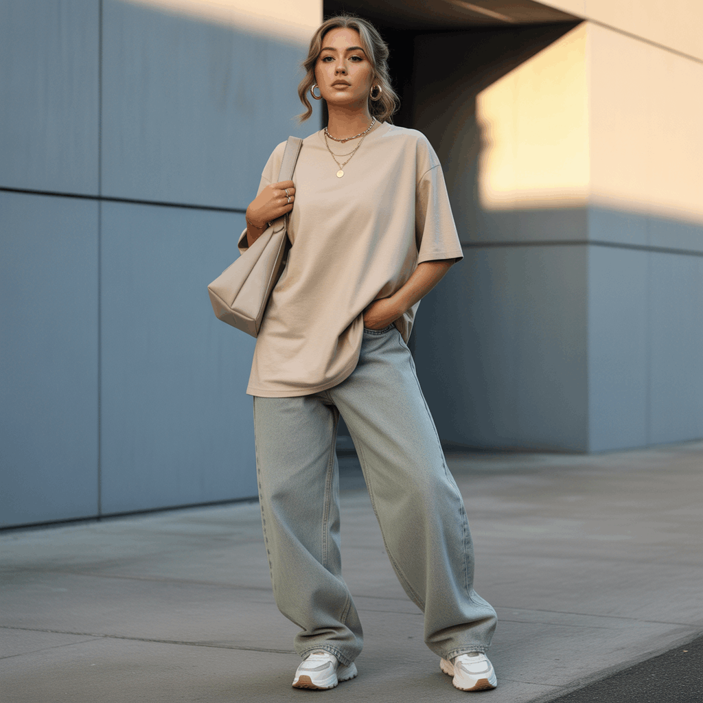 32 Elegant Beige Outfits for Women With a Classic, Old-Money-Inspired Feel 67 Woman in a beige oversized tee and baggy jeans styled as a bold casual street-style outfit.