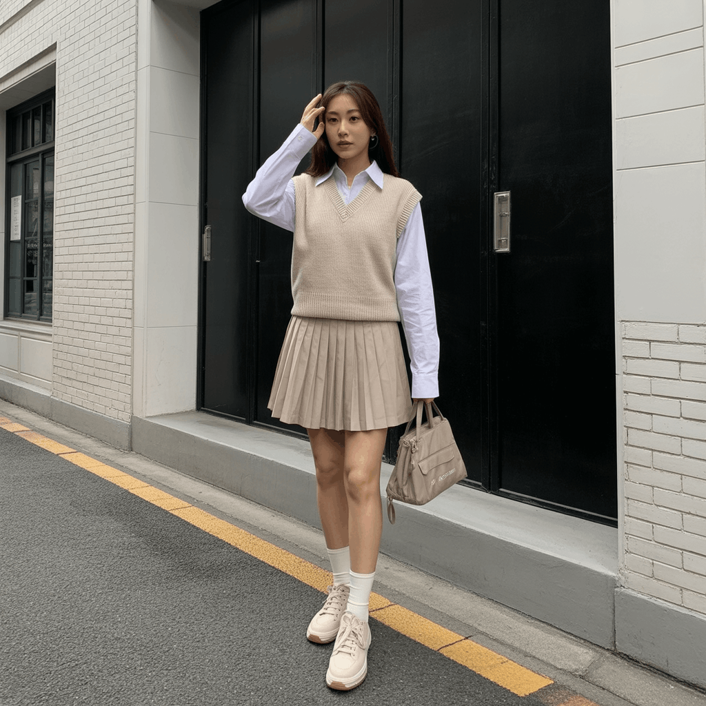 32 Elegant Beige Outfits for Women With a Classic, Old-Money-Inspired Feel 47 Woman in a beige pleated mini skirt, knit vest, and white shirt styled as a chic old preppy Korean-inspired outfit.