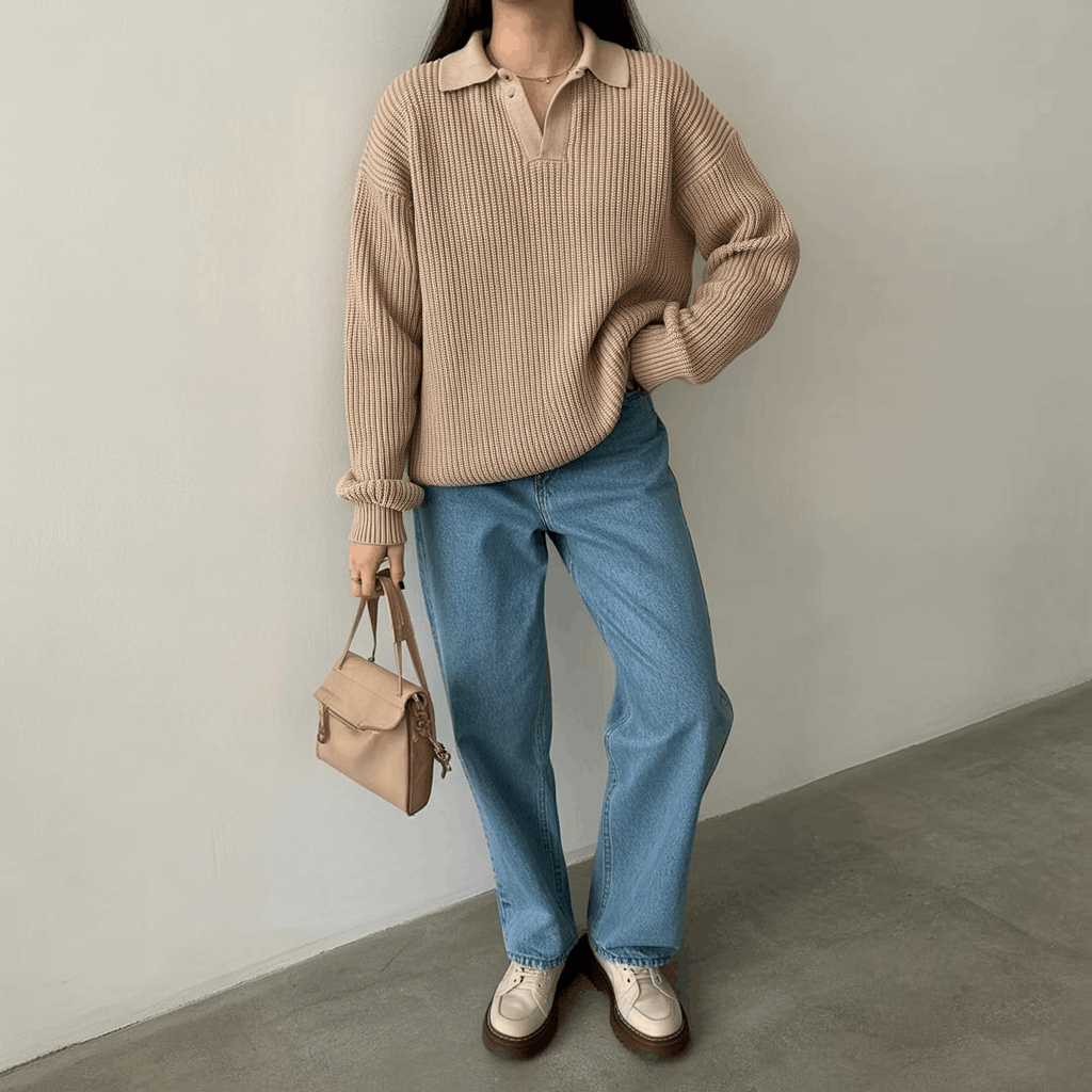 32 Elegant Beige Outfits for Women With a Classic, Old-Money-Inspired Feel 18 Woman in a beige polo sweater and straight jeans styled with a soft old preppy finish.