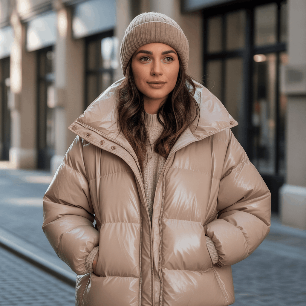 32 Elegant Beige Outfits for Women With a Classic, Old-Money-Inspired Feel 45 Woman in a beige puffer coat and knit hat styled as a cozy neutral winter outfit.