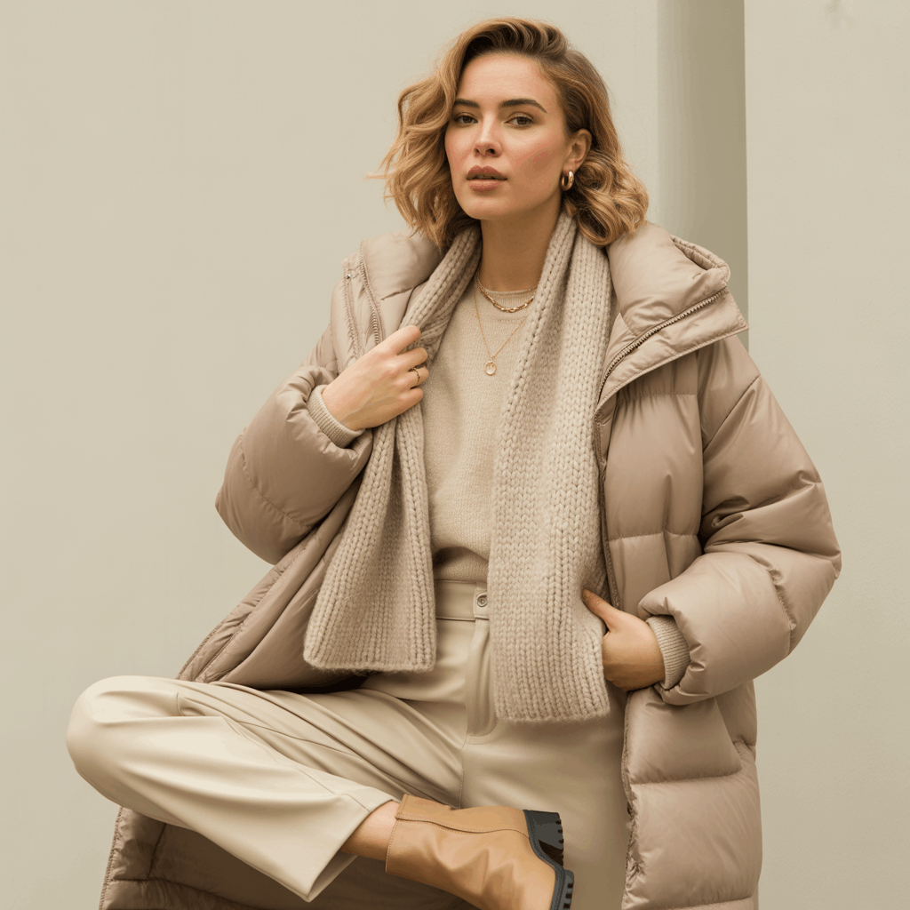 32 Elegant Beige Outfits for Women With a Classic, Old-Money-Inspired Feel 88 Woman in a beige puffer coat and knit scarf styled as a practical cold-weather neutral outfit.