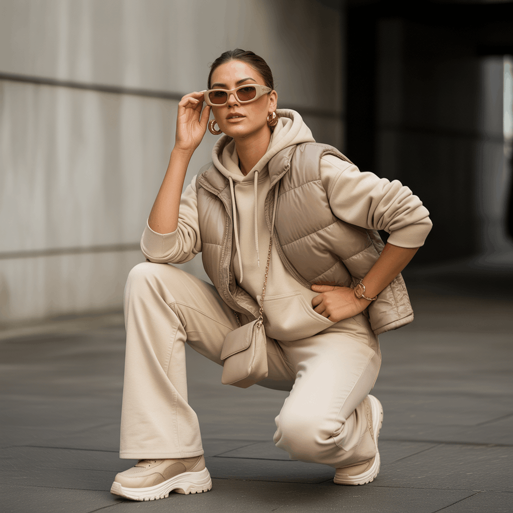 32 Elegant Beige Outfits for Women With a Classic, Old-Money-Inspired Feel 55 Woman in a beige puffer vest, hoodie, and bootcut pants styled as a layered Y2K winter outfit.