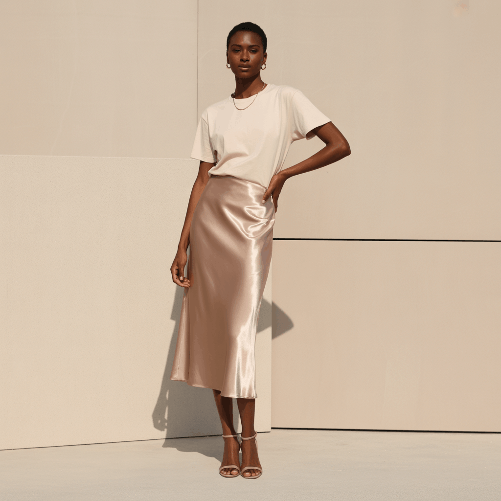32 Elegant Beige Outfits for Women With a Classic, Old-Money-Inspired Feel 75 Woman in a beige satin skirt and fitted beige T-shirt styled for a clean everyday look.