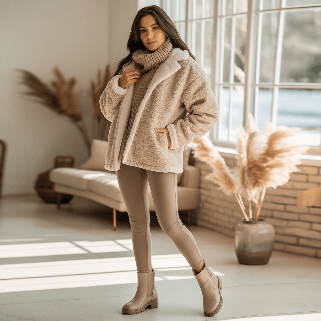 32 Elegant Beige Outfits for Women With a Classic, Old-Money-Inspired Feel 86 Woman in a beige sherpa jacket and warm leggings styled as a cozy winter beige outfit.