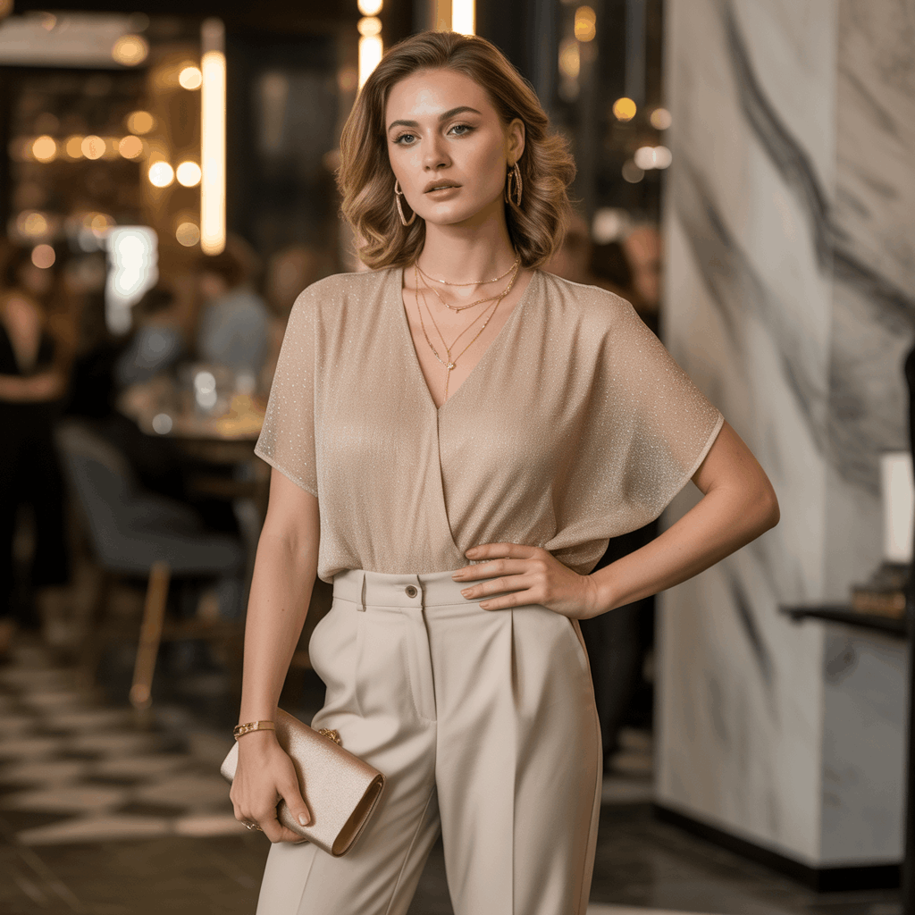 32 Elegant Beige Outfits for Women With a Classic, Old-Money-Inspired Feel 68 Woman in a beige shimmery top and tailored pants styled as a refined party beige outfit.