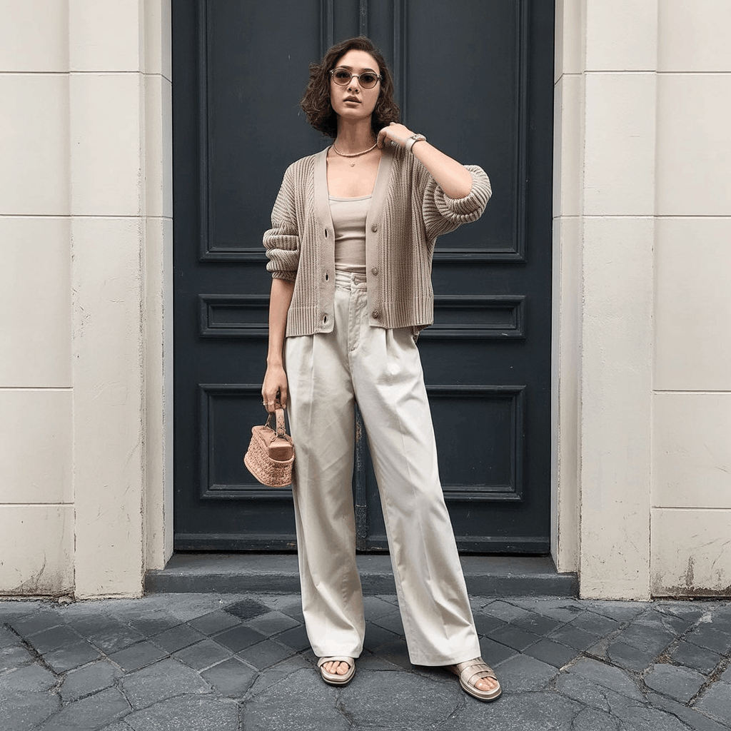 32 Elegant Beige Outfits for Women With a Classic, Old-Money-Inspired Feel 20 Woman in a beige short cardigan, camisole, and trousers styled as an elegant everyday beige outfit.