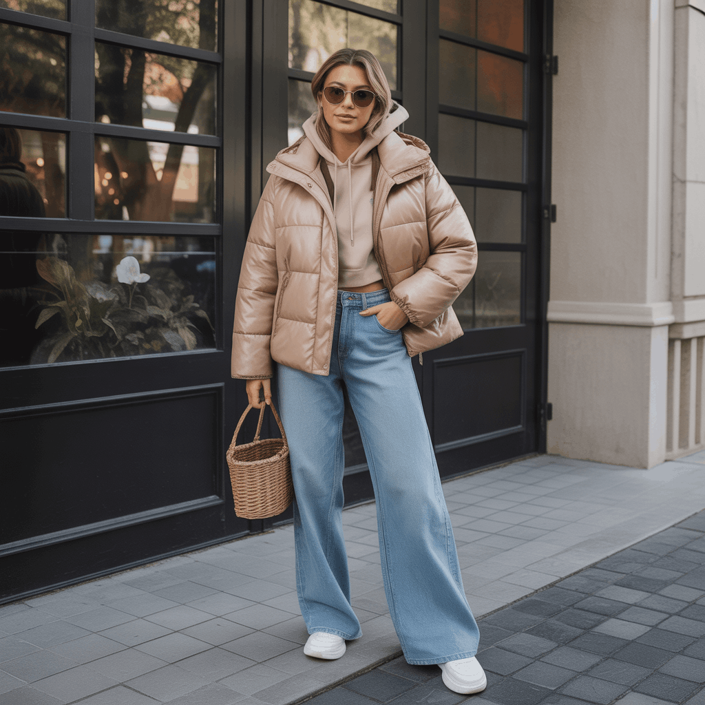 32 Elegant Beige Outfits for Women With a Classic, Old-Money-Inspired Feel 25 Woman in a beige short puffer jacket, hoodie, and jeans styled as a cozy winter beige outfit for cold days.