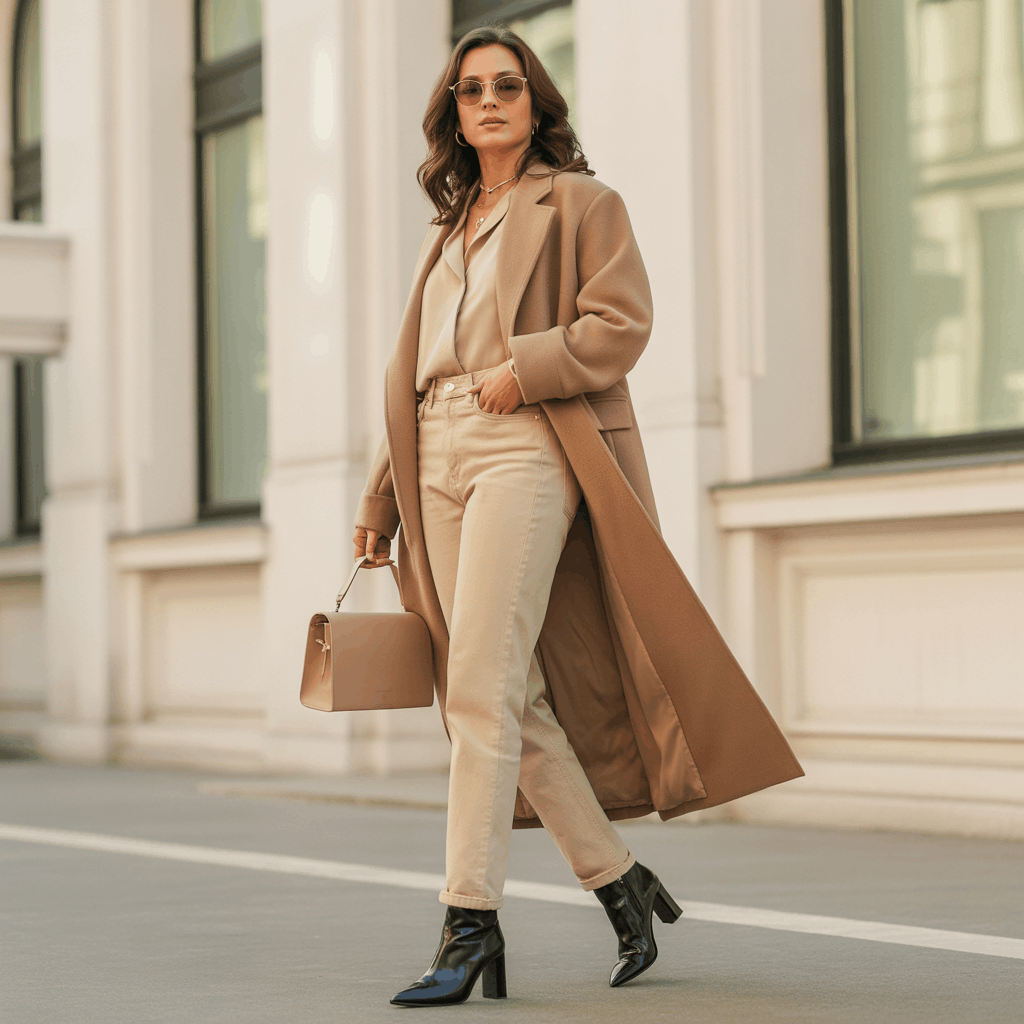 32 Elegant Beige Outfits for Women With a Classic, Old-Money-Inspired Feel 8 Woman in beige skinny jeans and a long coat with ankle boots styled in a refined old money fashion style.