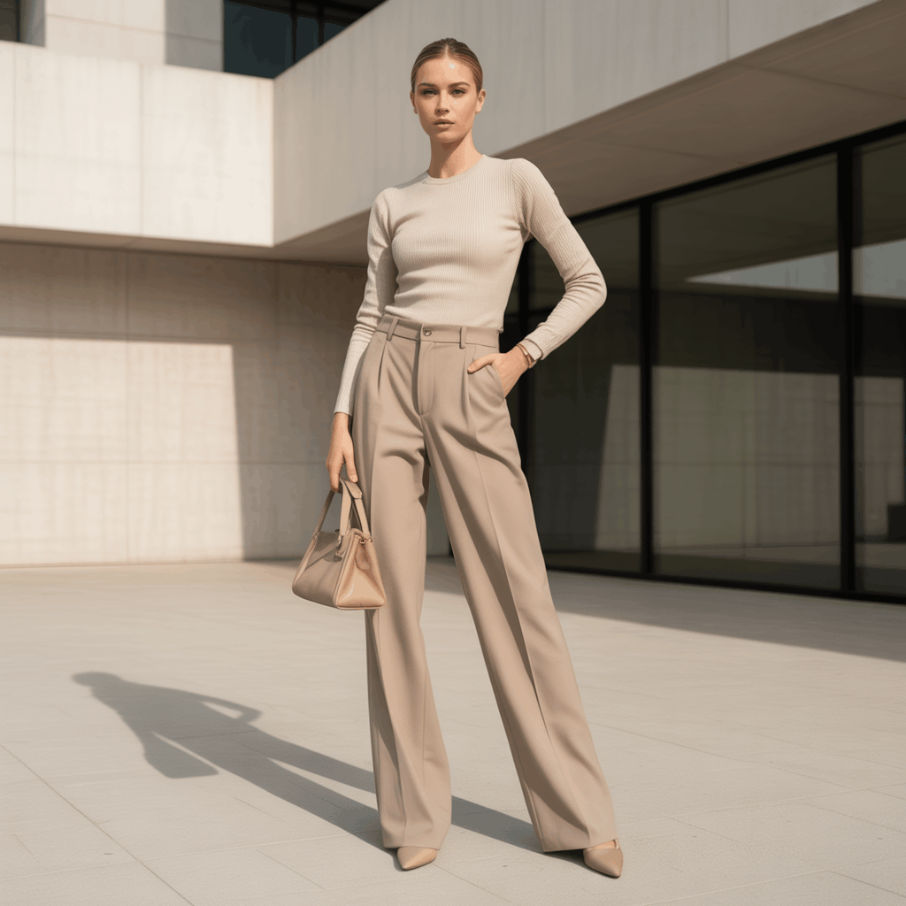 32 Elegant Beige Outfits for Women With a Classic, Old-Money-Inspired Feel 74 Woman in beige sleek trousers and a thin knit top styled as a polished minimalist beige outfit.