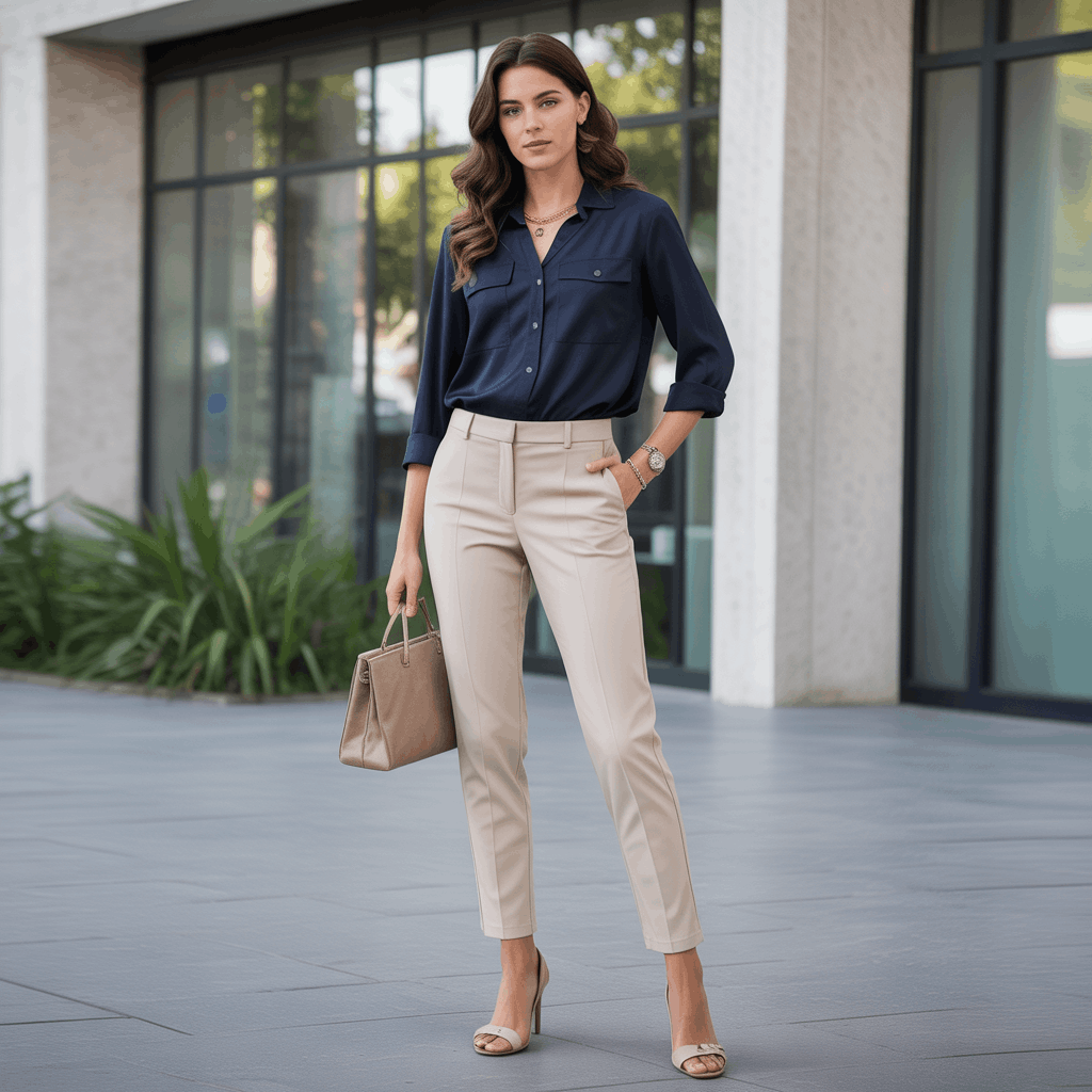 32 Elegant Beige Outfits for Women With a Classic, Old-Money-Inspired Feel 5 Woman in beige slim pants and a navy blouse with a polished old money fashion style for work or meetings.