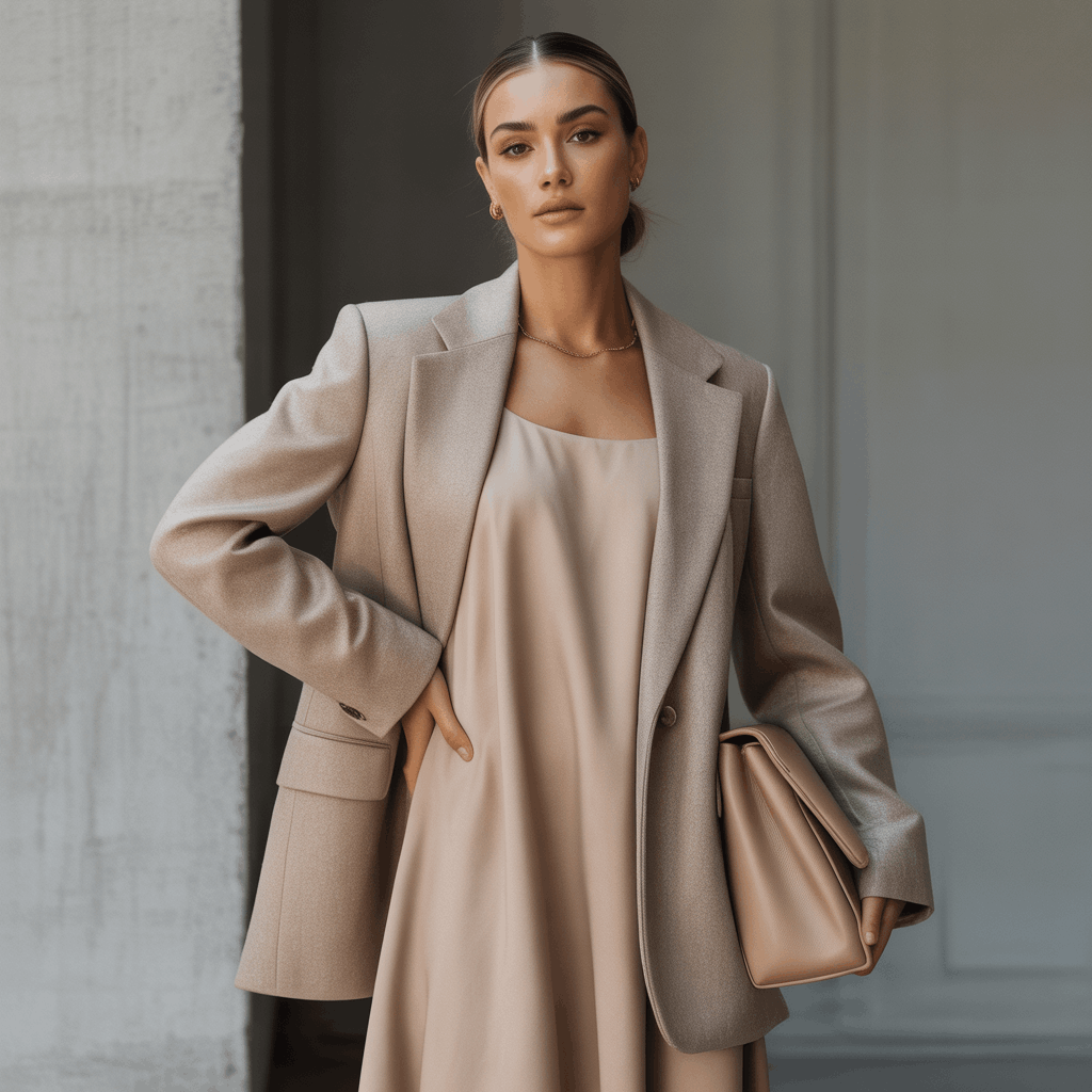 32 Elegant Beige Outfits for Women With a Classic, Old-Money-Inspired Feel 76 Woman in a beige structured blazer over a plain dress wearing a timeless modern neutral outfit.