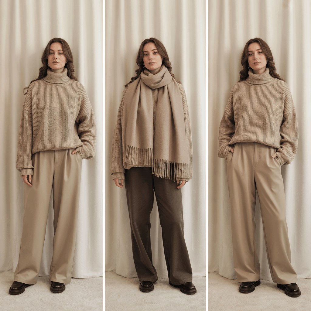 32 Elegant Beige Outfits for Women With a Classic, Old-Money-Inspired Feel 44 Woman in a beige sweater, wool scarf, and dark pants wearing a balanced cold-weather beige outfit.