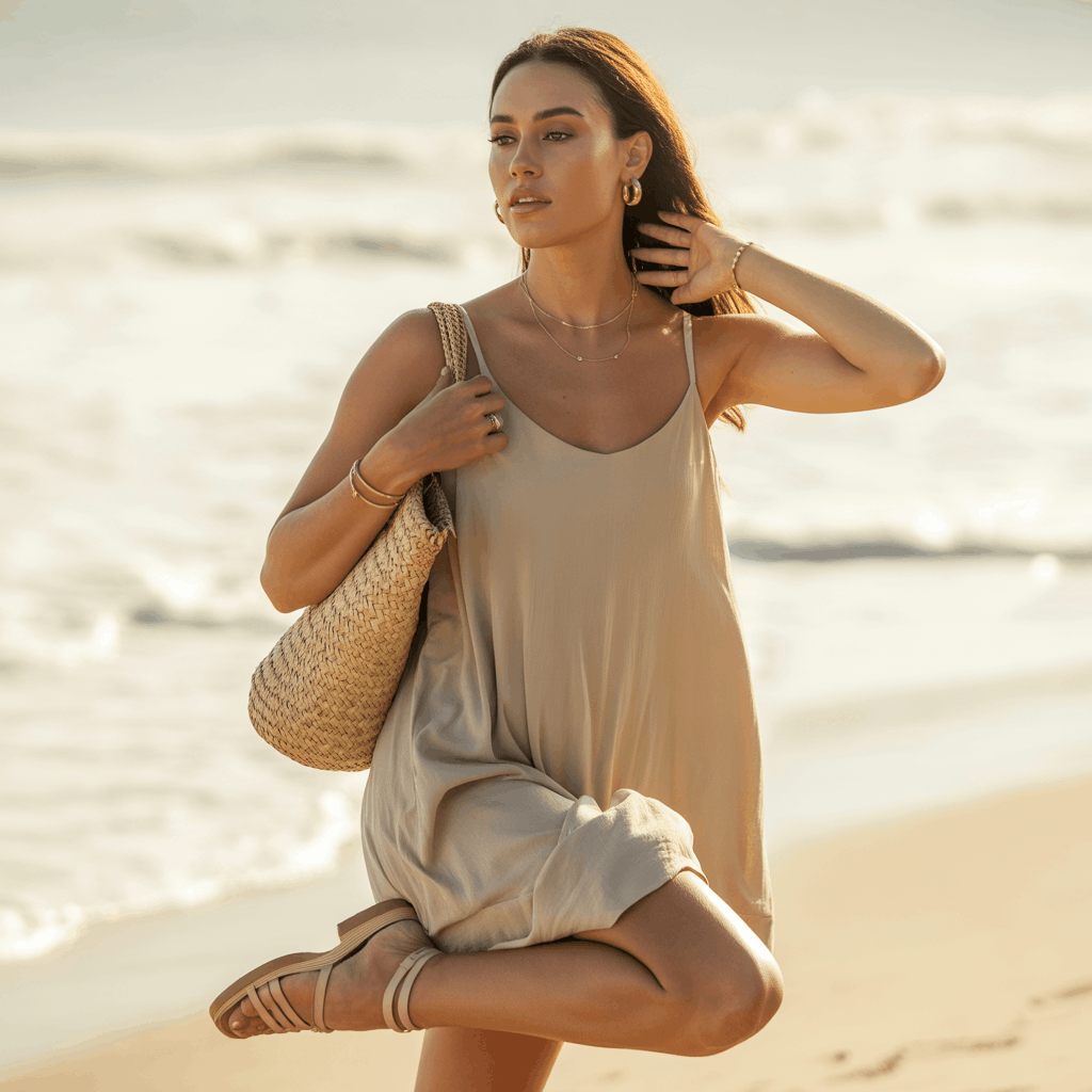 32 Elegant Beige Outfits for Women With a Classic, Old-Money-Inspired Feel 40 Woman in a beige tank dress with a straw bag styled as a chic summer beige outfit.