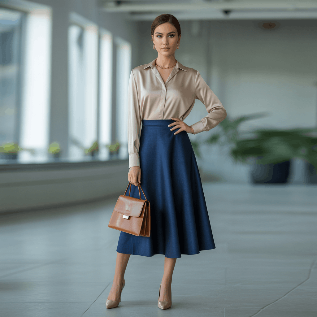 32 Elegant Beige Outfits for Women With a Classic, Old-Money-Inspired Feel 82 Woman in a beige top and navy skirt styled as a confident workwear outfit.
