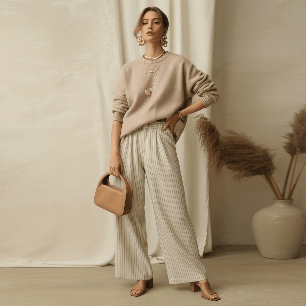 32 Elegant Beige Outfits for Women With a Classic, Old-Money-Inspired Feel 94 Woman in a beige top and patterned pants styled as a balanced modern outfit.