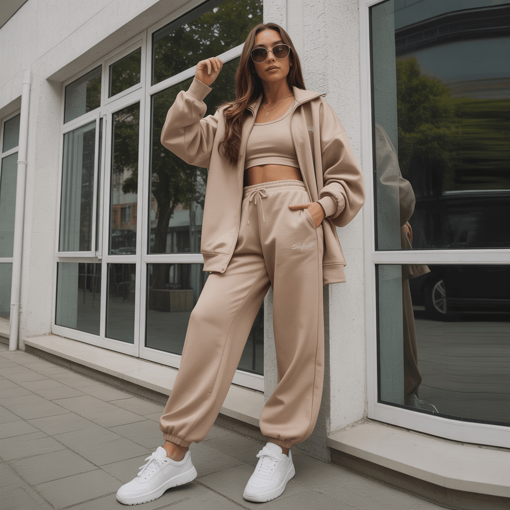 32 Elegant Beige Outfits for Women With a Classic, Old-Money-Inspired Feel 35 Woman in a beige tracksuit set styled as a clean sporty beige outfit for relaxed days.