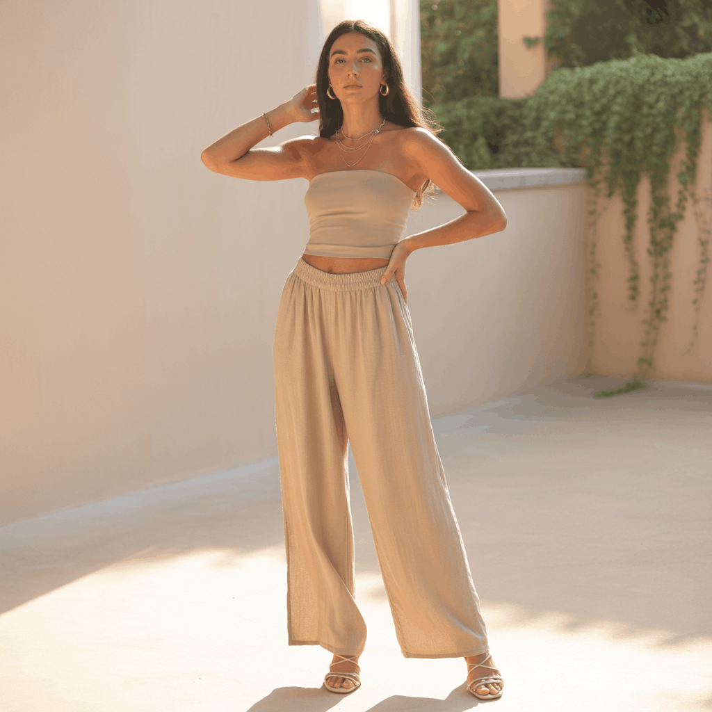 32 Elegant Beige Outfits for Women With a Classic, Old-Money-Inspired Feel 90 Woman in a beige top and linen pants wearing a clean minimalist beige outfit.