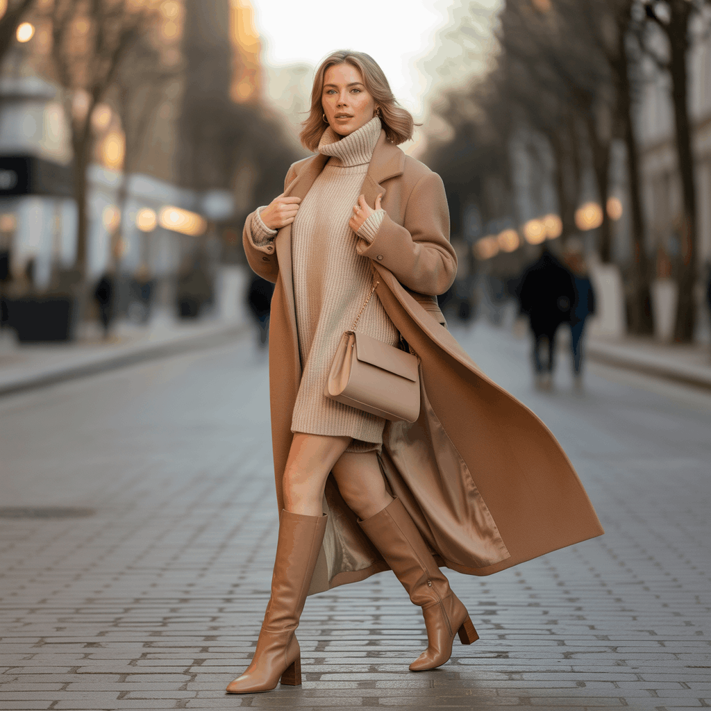 32 Elegant Beige Outfits for Women With a Classic, Old-Money-Inspired Feel 43 Woman in a beige turtleneck, long coat, and boots styled as a timeless winter beige outfit.