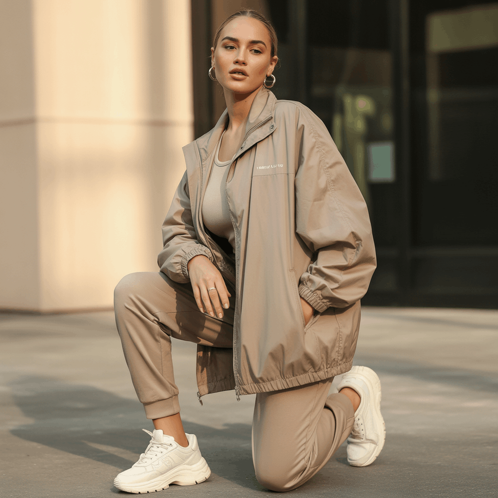 32 Elegant Beige Outfits for Women With a Classic, Old-Money-Inspired Feel 66 Woman in a beige windbreaker and joggers wearing a sporty urban beige outfit.