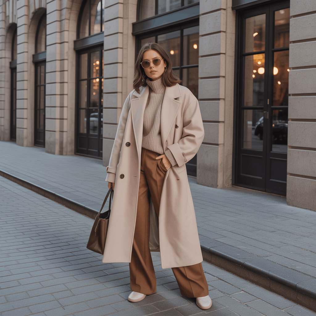 32 Elegant Beige Outfits for Women With a Classic, Old-Money-Inspired Feel 24 Woman in a beige wool coat, sweater, and trousers styled in a timeless old money style women winter look.