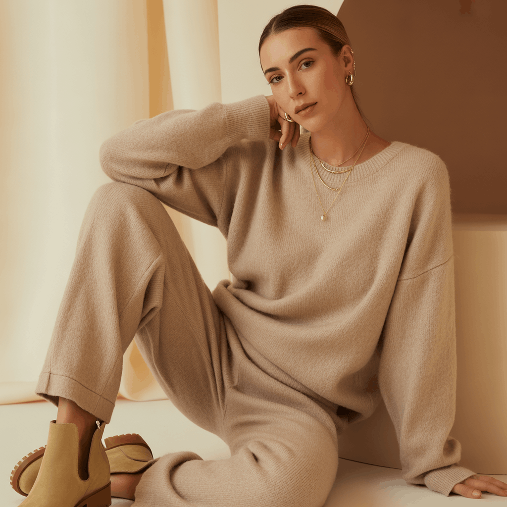 32 Elegant Beige Outfits for Women With a Classic, Old-Money-Inspired Feel 87 Woman in a beige wool sweater and pants set wearing a soft matching beige outfit.