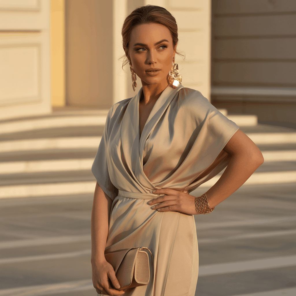 32 Elegant Beige Outfits for Women With a Classic, Old-Money-Inspired Feel 69 Woman in a beige wrap dress with gold earrings wearing an elegant evening beige outfit.