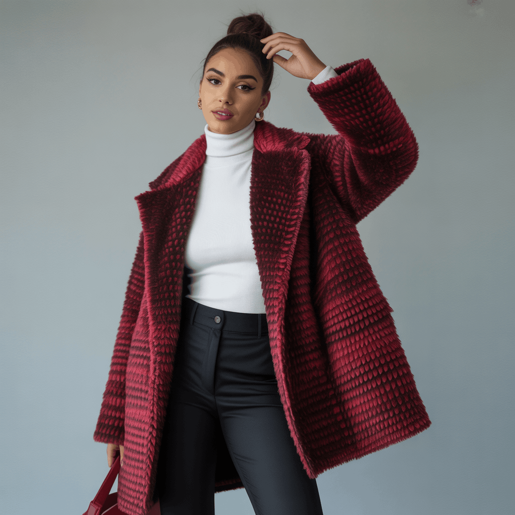 Bold color womens long coat in deep crimson with a statement winter style coat look
