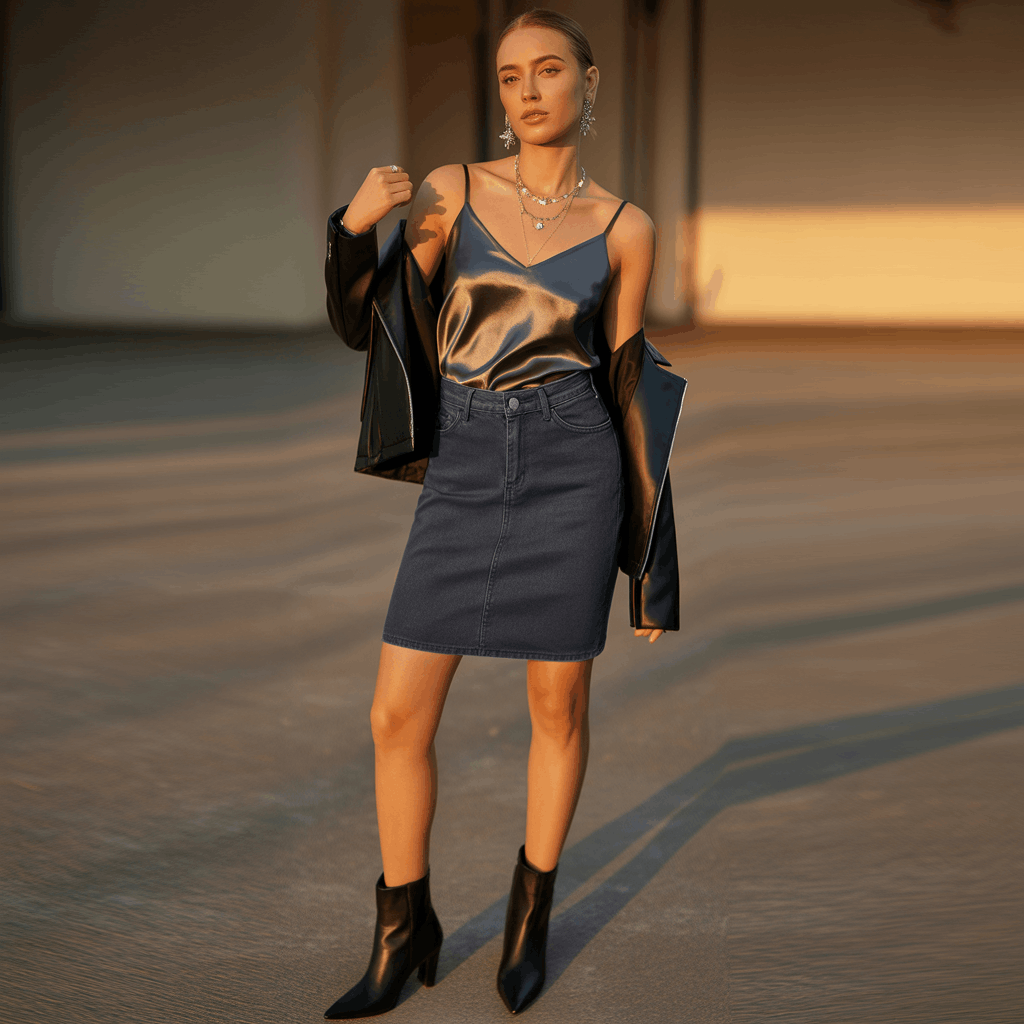 Grey Jeans Outfits for Women - 15 Low-Effort Looks That Slay 23 wearing a silky satin camisole with a denim pencil skirt, black leather jacket draped over shoulders, and pointed ankle boots for a dinner-date look.