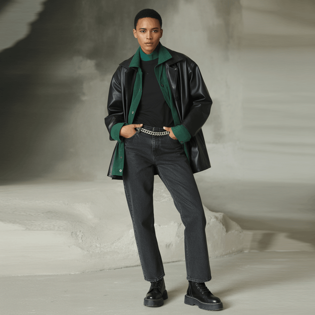 Grey Jeans Outfits for Women - 15 Low-Effort Looks That Slay 11 Dark charcoal grey skinny jeans styled with a black faux leather jacket, emerald turtleneck layer, and combat boots for an edgy fall look.