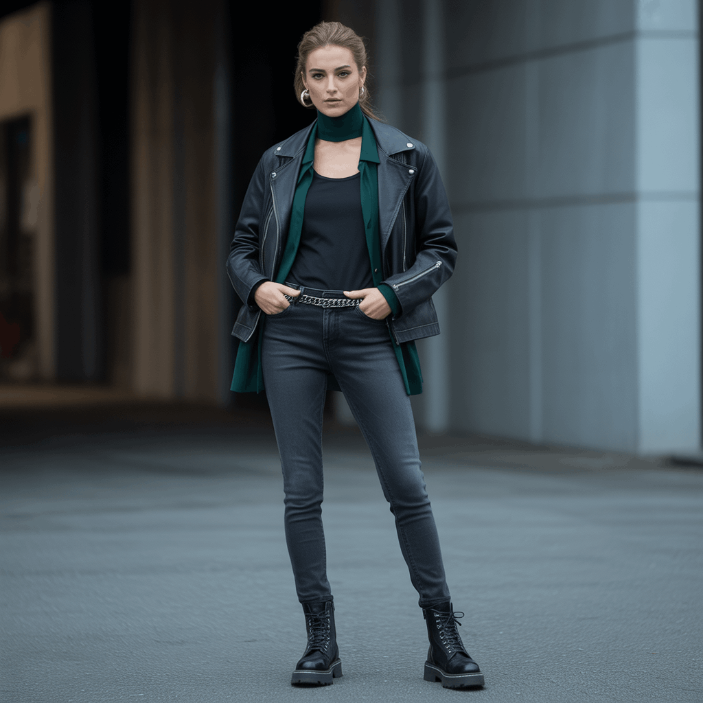 Grey Jeans Outfits for Women - 15 Low-Effort Looks That Slay 12 Rock-chic grey jeans outfit with black tee, leather jacket, burgundy turtleneck pop of color, silver chain belt, and chunky combat boots.