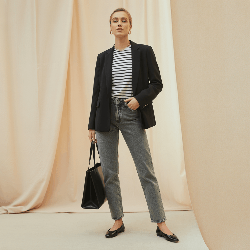 Grey Jeans Outfits for Women - 15 Low-Effort Looks That Slay 8 Effortless Parisian grey jeans outfit with Breton striped top, structured black blazer, and black ballet flats for chic everyday style.