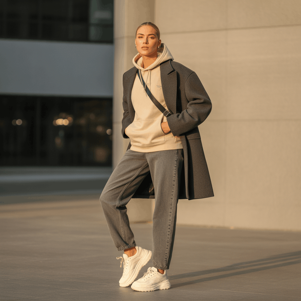 Grey Jeans Outfits for Women - 15 Low-Effort Looks That Slay 18 Grey jeans and a neutral hoodie styled with a structured wool coat, chunky white sneakers, and a crossbody bag for an elevated weekend outfit.