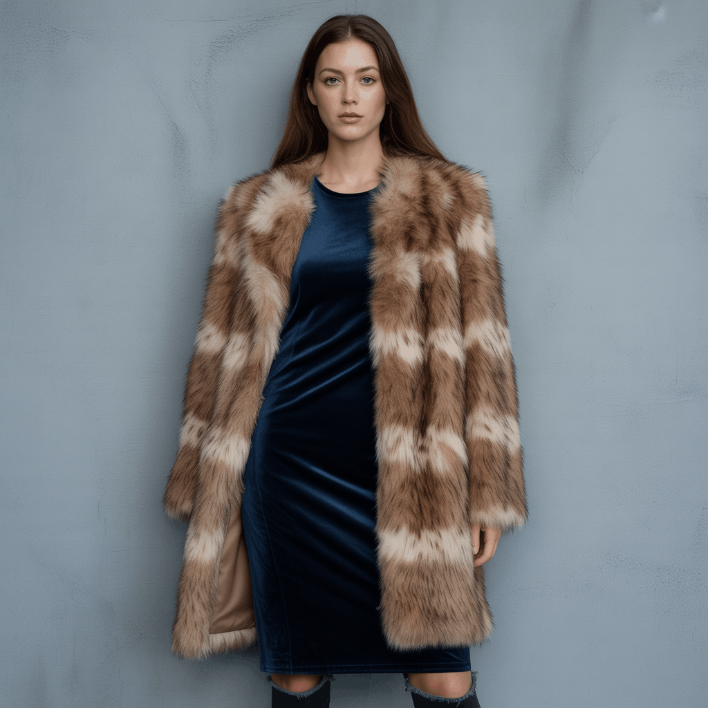Faux fur coat for women with a soft, bold texture and winter coat reference with fur style