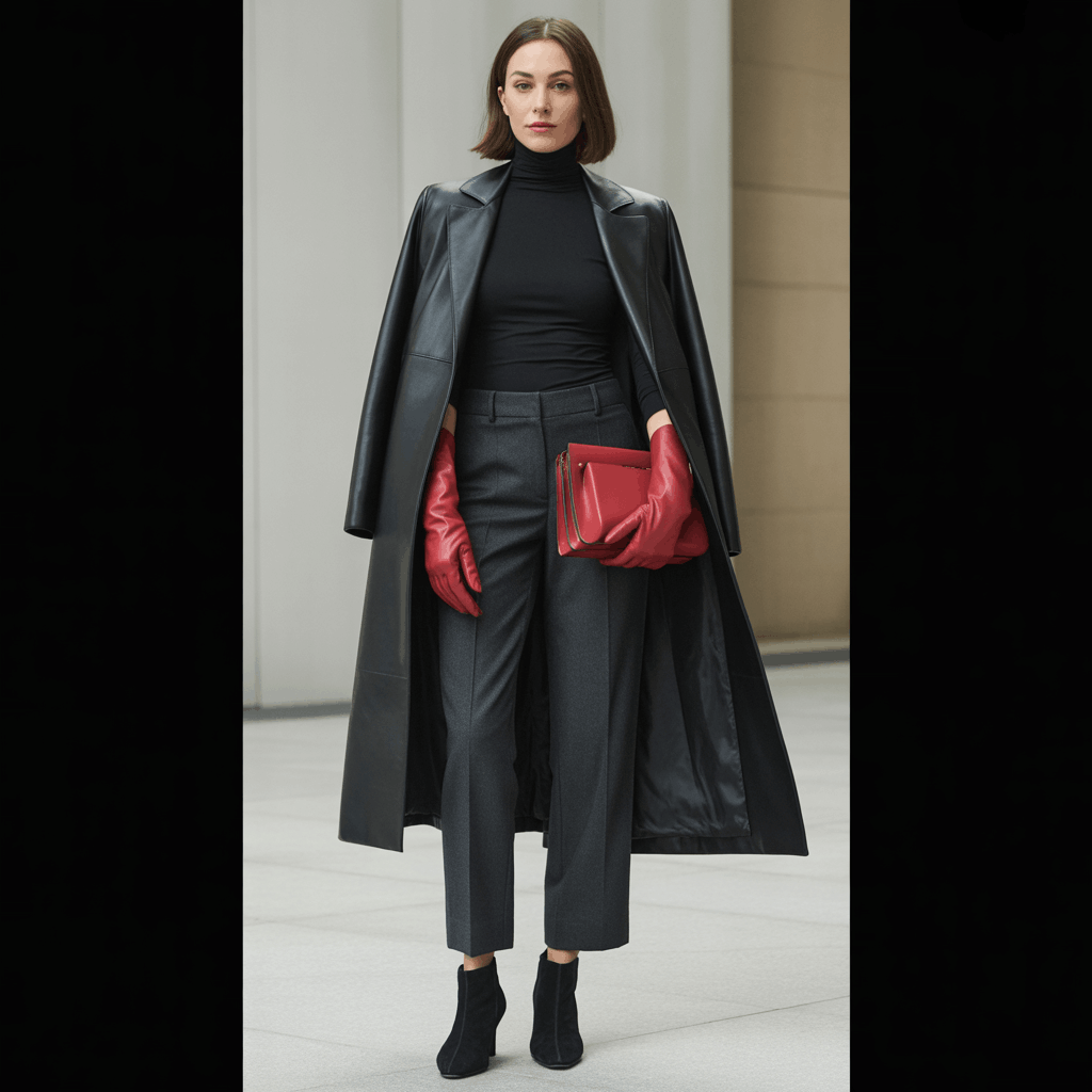 Long leather womens long coat with a sleek polished and structured look
