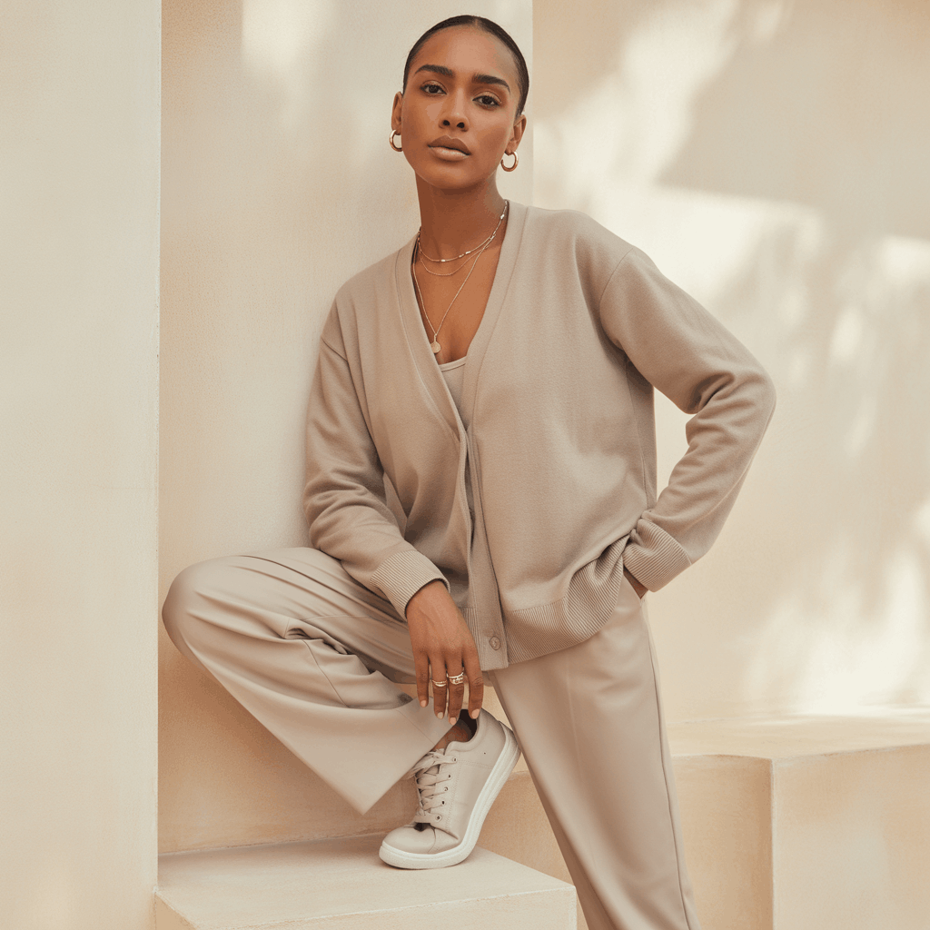 32 Elegant Beige Outfits for Women With a Classic, Old-Money-Inspired Feel 59 Neutral cardigan styled as an easy layering piece in a classic beige outfit.
