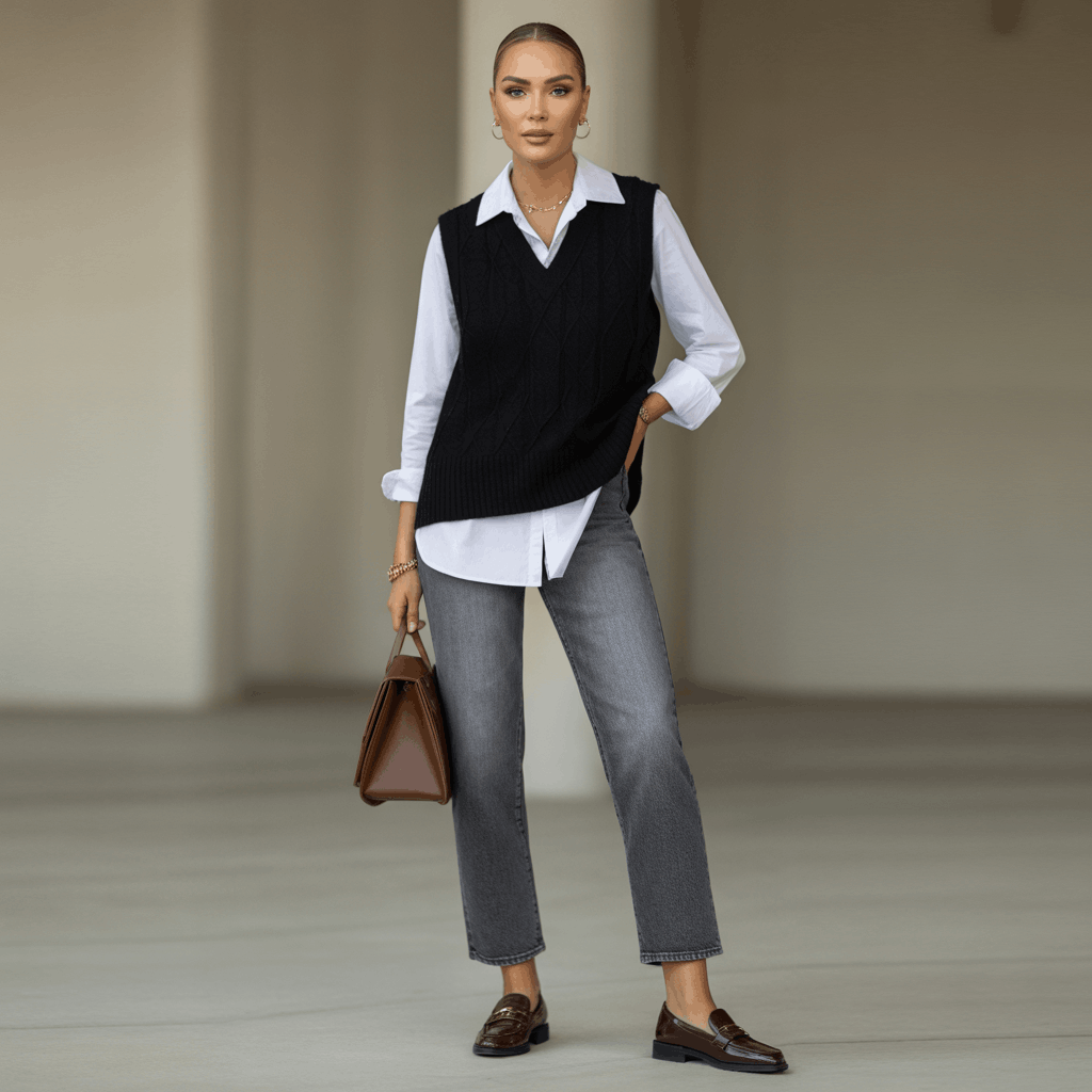 Grey Jeans Outfits for Women - 15 Low-Effort Looks That Slay 26 Straight-leg grey jeans styled with a crisp white collared shirt and a black knit vest, finished with polished loafers for a smart, preppy layered look.