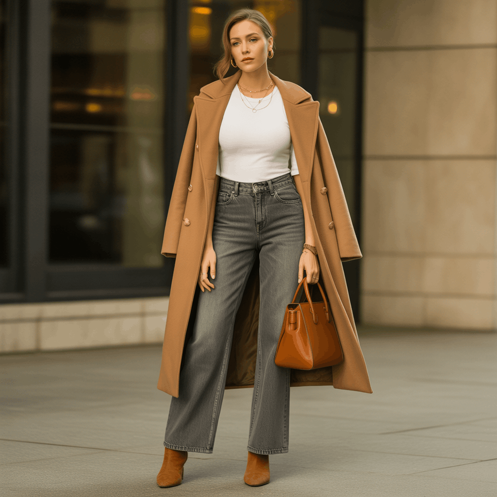 Grey Jeans Outfits for Women - 15 Low-Effort Looks That Slay 21 Grey jeans styled with a white fitted top, camel pea coat, and brown suede boots for a polished, expensive-looking outfit.