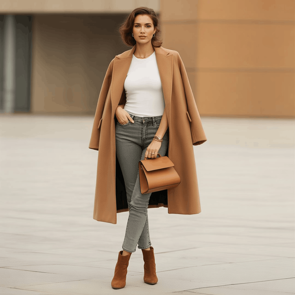 Grey Jeans Outfits for Women - 15 Low-Effort Looks That Slay 22 Camel-and-grey winter look with grey denim, tan outerwear, and neutral flats for effortless, magazine-worthy style.