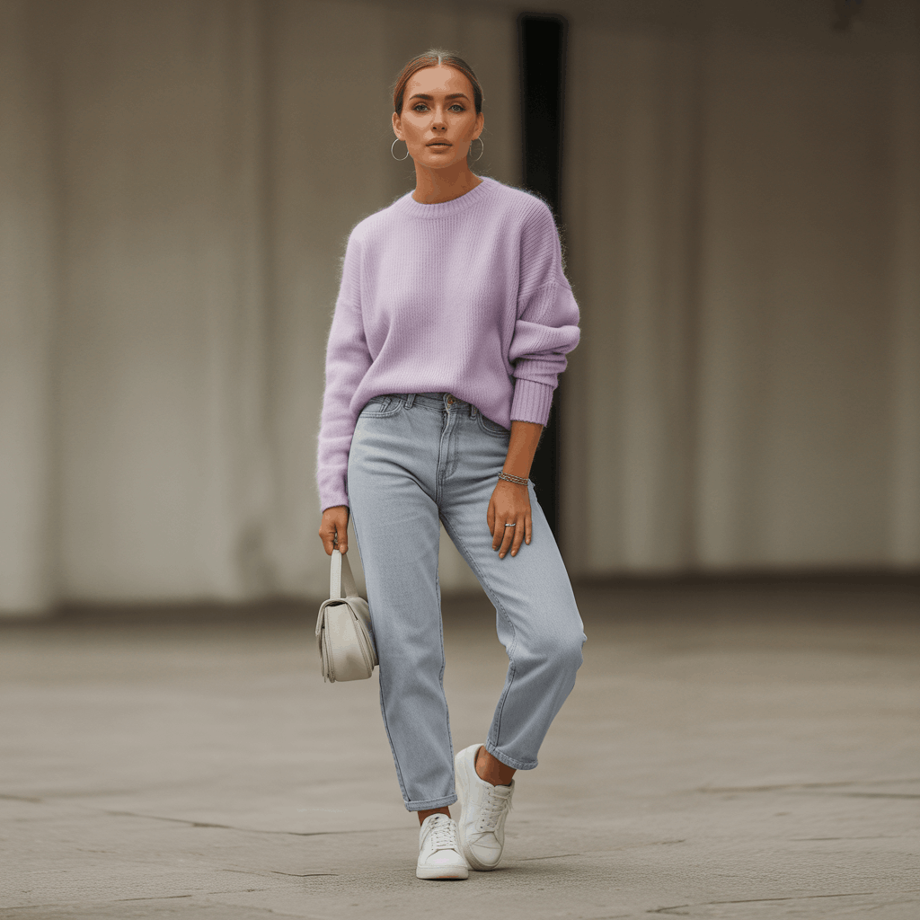 Grey Jeans Outfits for Women - 15 Low-Effort Looks That Slay 15 Light grey jeans styled with a soft lavender knit sweater and silver hoop earrings for an easy pastel cozy fall look.