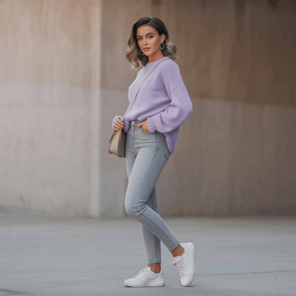 Grey Jeans Outfits for Women - 15 Low-Effort Looks That Slay 16 Pastel outfit idea featuring light grey denim, baby blue sweater, and minimal accessories for a soft, chic grey jeans outfit for women