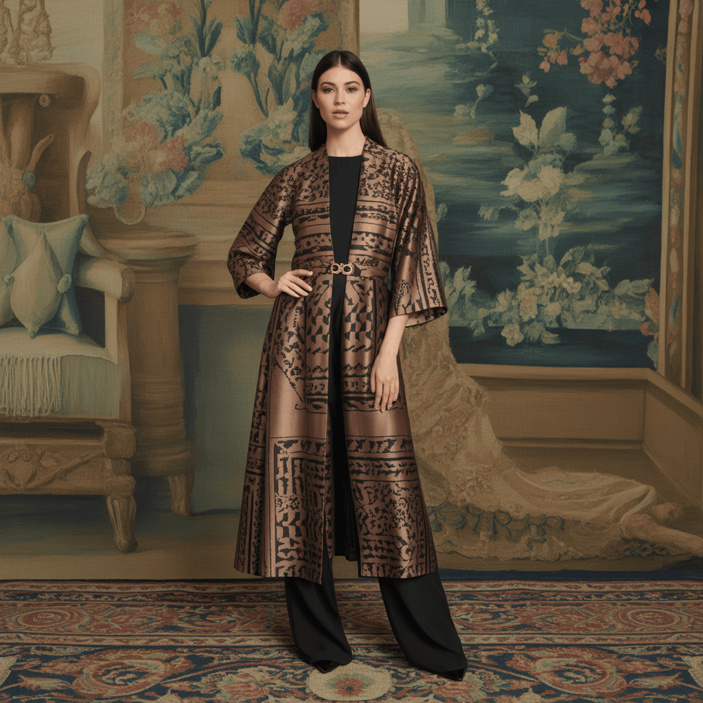Upholstery pattern over coat for women with heritage-inspired texture and rich tones